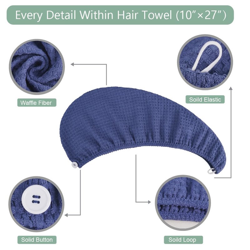 Dolwis Microfiber Hair Drying Towel - 2Packs Waffle Long Hair Head Turban Wraps Terry Cloth Fast Absorbent Dry Anti Frizz Twist Plopping Curly Shower Turban for Women Wet Hair (Dark Blue) - Image 3